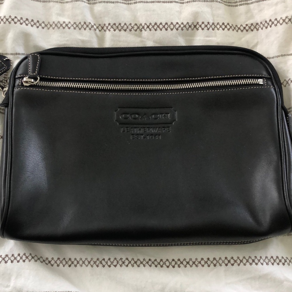 NWT black leather coach makeup bag